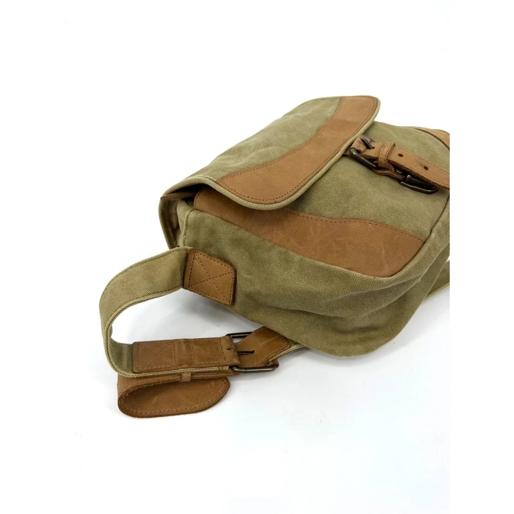 LL Bean Canvas Messenger Bag Olive Green Leather Trim Crossbody Field Bag Vtg